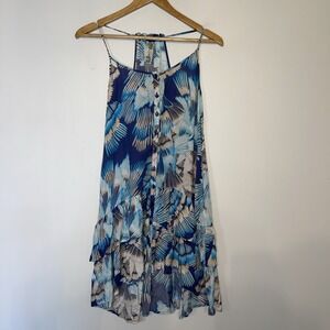 Free People Dress Womens Small Blue White Halter Tropical Tiered Ruffle POCKETS